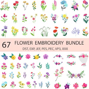 以下が含まれることがあります： さまざまなスタイルのカラフルな花刺繍デザイン67点セット。デザインには、一輪の花、ブーケ、リース、フラワーアレンジメントが含まれています。デザインの下には、「67 FLOWER EMBROIDERY BUNDLE」と「DST, EXP, JEF, PES, PEC, VP3, XXX」のテキストが表示されています。