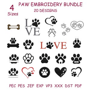 Könnte beinhalten: Ein digitales Stickpaket mit 20 Pfotenabdruck-Designs, darunter Pfotenabdrücke mit Herzen, Knochen und dem Wort "LOVE". Das Bild enthält den Text "PAW EMBROIDERY BUNDLE" und Dateityp-Abkürzungen.