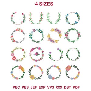 May include: A collection of floral wreath designs in various styles and colors, including pink, yellow, blue, and green. The text "4 SIZES" is at the top. The bottom of the image displays file format abbreviations: PEC, PES, JEF, EXP, VP3, XXX, DST, and PDF.