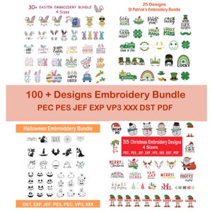 Peut inclure: Un lot de broderie numérique avec plus de 100 motifs, incluant Pâques, la Saint-Patrick, Halloween et Noël. L'image présente des motifs variés, tels que des lapins, des trèfles, des fantômes et des bonhommes de neige. Formats : PEC, PES, JEF, EXP, VP3, XXX, DST, PDF.