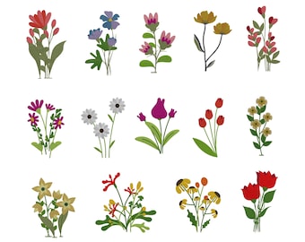 Floral Machine Embroidery Design Bundle, Mini Flower Designs, Satin Stitch File, Birth Month Flower, PES,DST etc, 4 Sizes, Instant Download