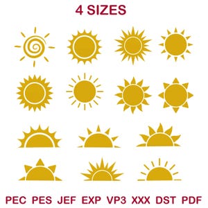 Puede incluir: Una colección de diseños de sol de color amarillo dorado en varios estilos. La imagen incluye soles con centros en espiral, rayos puntiagudos y siluetas de medio sol. El texto en la parte superior dice "4 TAMAÑOS", y el texto inferior enumera formatos de archivo.