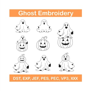 Può includere: Una collezione di ricami di fantasmi e zucche in bianco e nero. I disegni includono varie figure di fantasmi e zucche con facce intagliate. Il testo "Ghost Embroidery" è in alto, con abbreviazioni dei tipi di file in basso.
