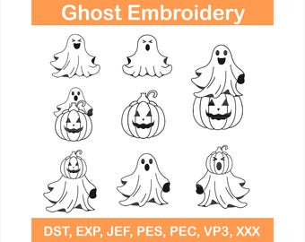 Ghost Embroidery Design: Halloween Bundle, 8 Designs, 4 Sizes