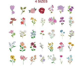 Floral Machine Embroidery Design Bundle, Mini Flower Designs, Satin Stitch File, Birth Month Flower, PES,DST etc, 4 Sizes, Instant Download