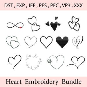 Può includere: Una collezione di disegni di ricamo a forma di cuore neri, tra cui varianti piene, contornate e con accenti floreali. L'immagine include il testo "Heart Embroidery Bundle" e abbreviazioni dei tipi di file.