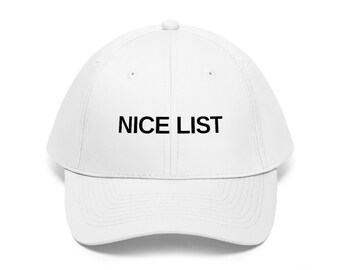 Nice List Embroidered Hat, Naughty or Nice, Santa's List, Christmas Hat, Black and White, Simple Font, Christmas Gift, Embroidered Gift