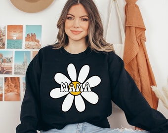 Daisy Mama Heavy Blend Crewneck Sweatshirt, Floral Sweatshirt, Mom life, Black Sweatshirt, Retro Style, Mom Vibes