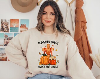 Pumpkin Spice & Jesus Christ Heavy Blend Crewneck Sweatshirt Fall Sweater Christian Sweatshirt