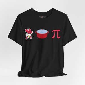 May include: Black t-shirt with a red cartoon chicken, a red pot with a lid, and the symbol for pi in red.