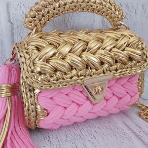 Metallic Bag | Gold Pink Purse for Sale | Rhinestone Ladys Purse | Handmade Bag Crochet | Bridesmaid Bag | Evening Clutch | Gift For Woman