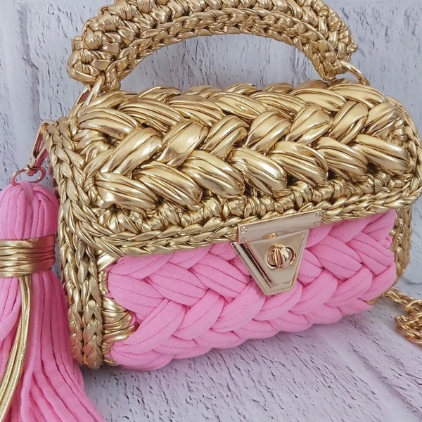 Metallic Bag | Gold Pink Purse for Sale | Rhinestone Ladys Purse | Handmade Bag Crochet | Bridesmaid Bag | Evening Clutch | Gift For Woman