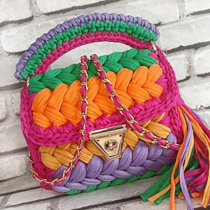 Handmade Crochet Bag: Colorful Woven Evening Bag with Chain
