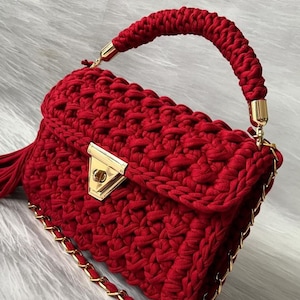 Red Crochet Handbag: Woven Fabric Tote Bag, Made in Turkey