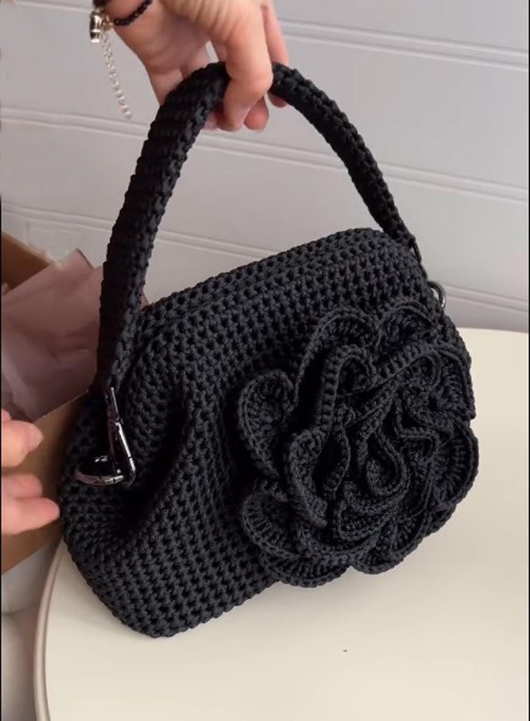 Black Rose Crochet Bag: Handmade Turkish Designer Flower  display picture 3