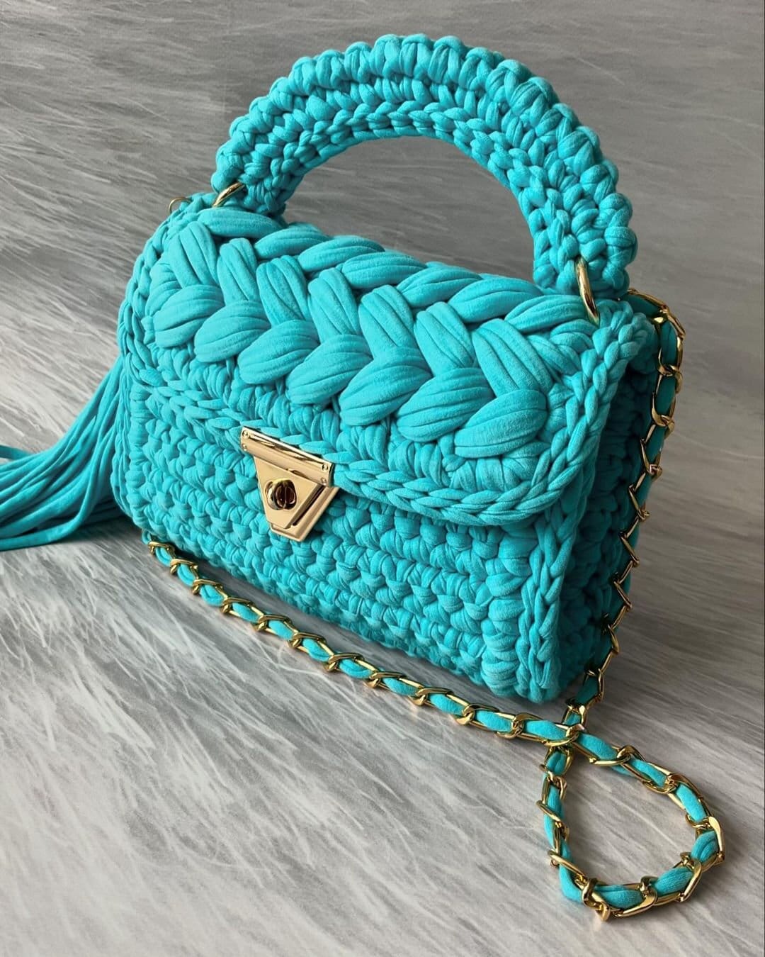 Turquoise Crochet Tote Bag: Handmade Woven Handbag, Luxury Style
