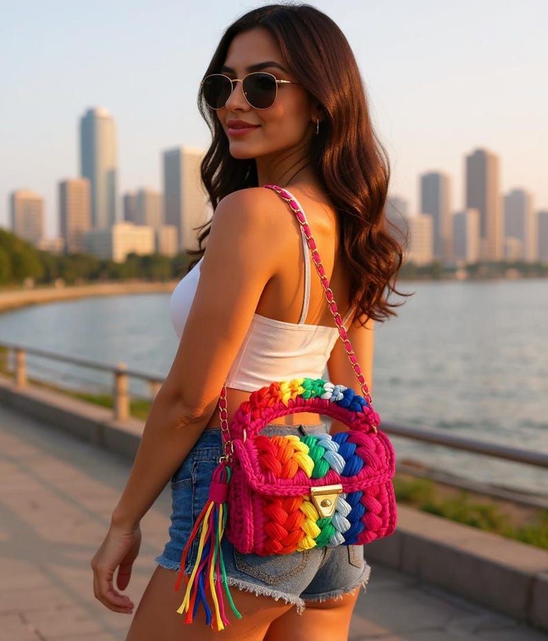 Handwoven Crochet Rainbow Bag: Women's Crossbody Purse image 1