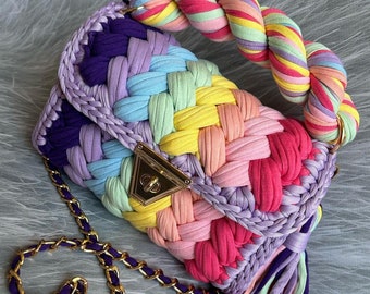 Handmade Crochet Yarn Clutch: Rainbow Woven Shoulder Bag