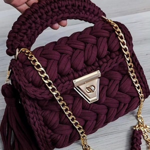 Burgundy Crochet Handbag For Woman | Handmade Turkey Purse Sale | Designer Crochet Bag | Knit Capri Bag Gift For Her