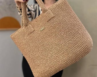 Handmade Large Straw Tote Bag, Big Size Crochet Knitted Shopper Bag, Woven Autumn Handbag