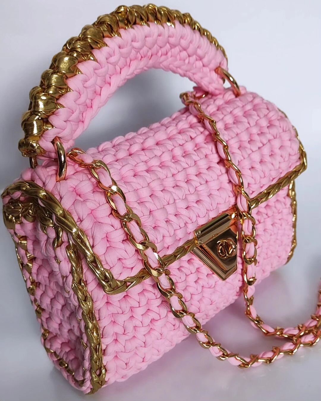 Pink Crochet Handbag: Woven Tote Bag With Gold Chain - Etsy