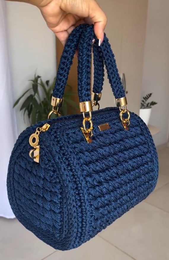 Handmade Navy Blue Barrel Bag, Crochet Knitted Shoulder Bag With