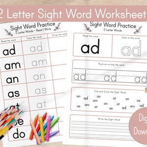 Sight Words Worksheets, Printable Sight Word Activities, 2 Letter Sight Words, Homeschool, Montessori Digital Download, Learn to Read
