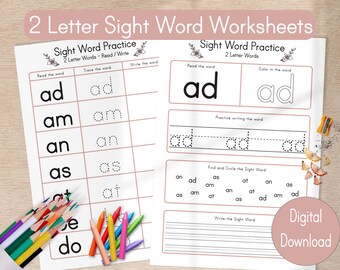 Hojas de trabajo de palabras visuales de 2 letras, aprendizaje Montessori (descarga digital)