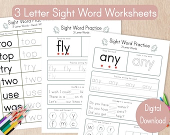 3 Letter Sight Words Worksheets, Montessori Homeschool Printable (Digital Download)