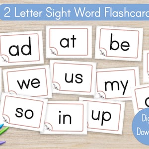 Tarjetas didácticas de palabras a la vista, palabras a la vista imprimibles, palabras a la vista de 2 letras, educación en el hogar, descarga digital Montessori, aprender a leer, jardín de infantes