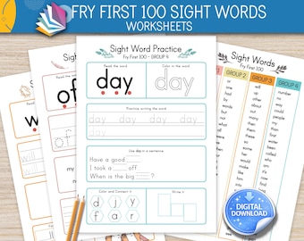Fry First 100 Sight Words Worksheets Printable | 100 Reading Practice Pages for Kindergarten | Digital Download