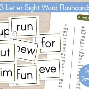 Tarjetas didácticas de palabras a la vista, palabras a la vista imprimibles, palabras a la vista de 3 letras, educación en el hogar, descarga digital Montessori, aprender a leer, jardín de infantes