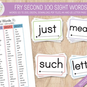 Fry Second 100 Sight Words Flashcards, Fry 101-200 Printable Sight Word, Fry 2nd 100 Sight Words, Homeschool, Kindergarten