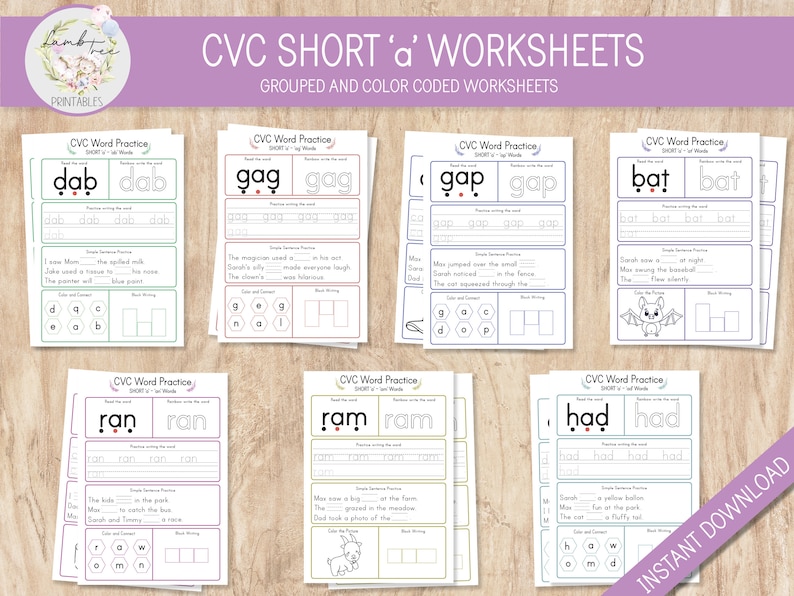 Short A CVC Words Worksheets Printable | Phonics Reading Practice for ...