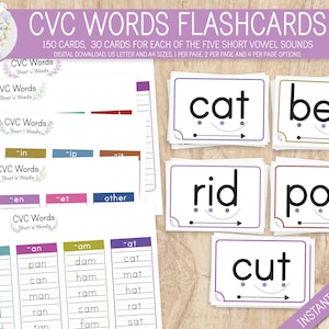 Flashcards de palavras CVC, flashcards para impressão CVC, download instantâneo, Montessori, aprendendo o alfabeto, cartões CVC, mistura de sons, fonética