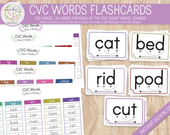May include: A set of 150 CVC word flashcards for teaching short vowel sounds. The flashcards are color-coded and feature a variety of CVC words, such as "cat", "bed", "rid", "pod", and "cut".