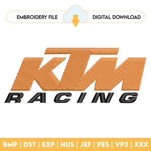 Könnte beinhalten: Orange-schwarzes Stickdesign des KTM Racing-Logos. Das Design ist 1,5 Zoll breit und 4 Zoll hoch und hat 6.034 Stiche.