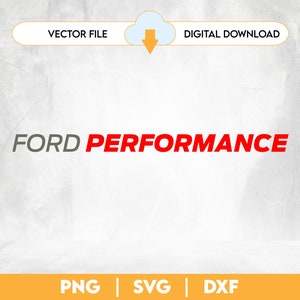 Könnte beinhalten: Digitaler Download einer Vektordatei für ein Ford Performance Logo. Das Logo ist in roter und grauer Schrift auf weißem Hintergrund. Die enthaltenen Dateiformate sind PNG, SVG und DXF.