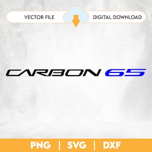 May include: A digital download of a vector file featuring the text "CARBON 65" in black and blue. The text is on a white background.