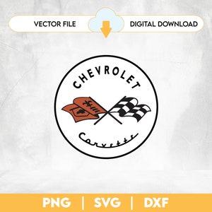 May include: Black and white logo design of a Chevrolet Corvette with the words "Chevrolet Corvette" in a circle around the crossed flags.