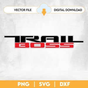 Peut inclure: Téléchargement numérique d'un fichier vectoriel pour un design qui dit "Trail Boss" en lettres noires et rouges avec un contour gris.