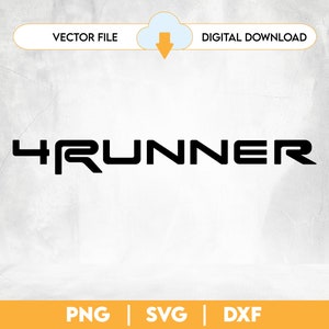 Puede incluir: Una descarga digital de un gráfico vectorial en blanco y negro del texto "4RUNNER". El gráfico está sobre un fondo blanco. El texto está en negrita, fuente sans-serif. La imagen incluye el texto "PNG | SVG | DXF" en la parte inferior.