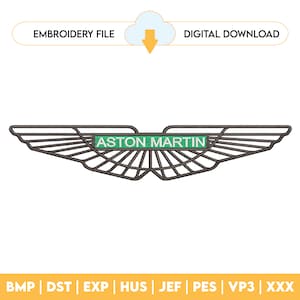 Può includere: File di ricamo per un logo Aston Martin. Il logo è un design alato stilizzato con le parole "Aston Martin" in testo verde su sfondo nero. Il file è disponibile per il download digitale in formati tra cui BMP, DST, EXP, HUS, JEF, PES, VP3 e XXX. Il design è largo 1,5 pollici e alto 6,5 pollici e ha 12.583 punti.