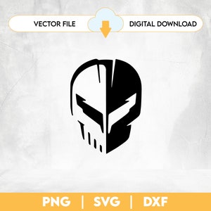May include: A black and white graphic of a stylized skull-like helmet design. The image is divided vertically, with one half black and the other white. Text at the top reads "VECTOR FILE" and "DIGITAL DOWNLOAD". Below are the file types: PNG | SVG | DXF.