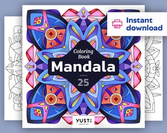 May include: A colorful mandala design with a black border and the text "Coloring Book Mandala 25" in white. The design features a variety of geometric shapes and patterns in shades of blue, pink, orange, and yellow.