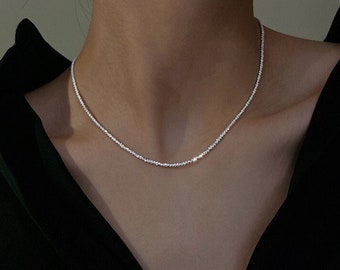 Silber Funkelnde Halskette für Frauen, Minimalistische Halskette Silber Choker, Schlichte Silberkette