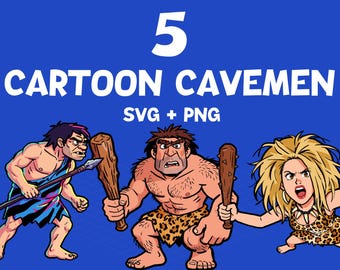 Cartoon Caveman SVG Bundle, Stone Age Family PNG, Retro Prehistoric Dad Clipart, 60s Style Rock Era Characters, Vintage TV Vibe Cricut Files