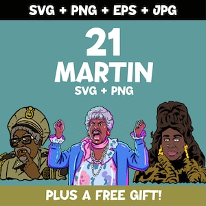 Può includere: Grafica digitale con tre personaggi dei cartoni animati della serie TV "Martin". L'immagine include il testo "21 MARTIN SVG + PNG" e "PLUS A FREE GIFT!". I personaggi sono in colori vivaci, su uno sfondo turchese.