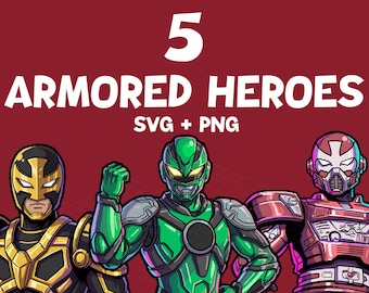 Armored Hero SVG Bundle, 90s Metal Suit Fighters PNG, Retro Cyber Samurai Clipart, Masked Tech Warriors, Tokusatsu Style Cricut Files
