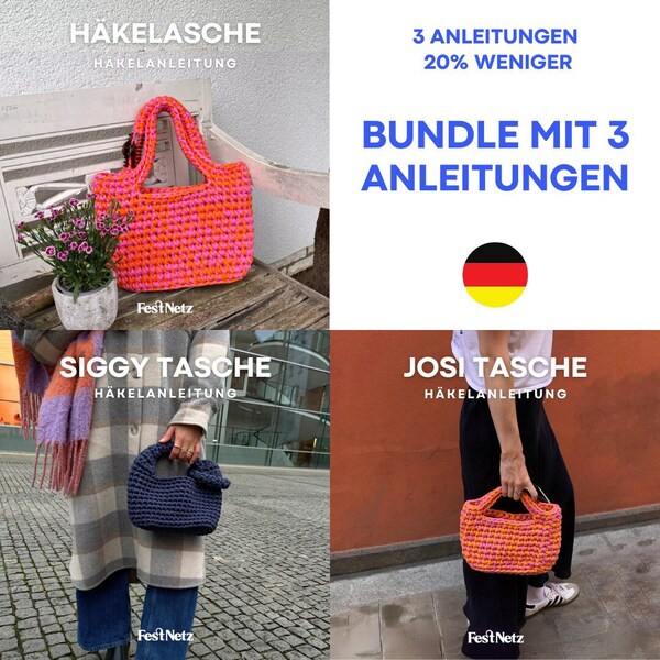 3 ANLEITUNGEN BUNDLE - Josi, Siggy und Große HäkeltascheHäkelanleitung, T-Shirt Garn, Deutsches Pdf Dokument - Festnetz Taschen